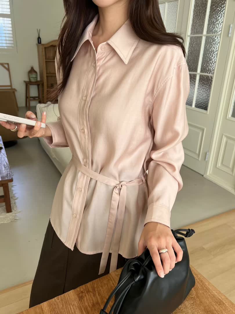 早秋正韓女裝：腰線自己跑出來的綁帶襯衫 - 商品圖片 6