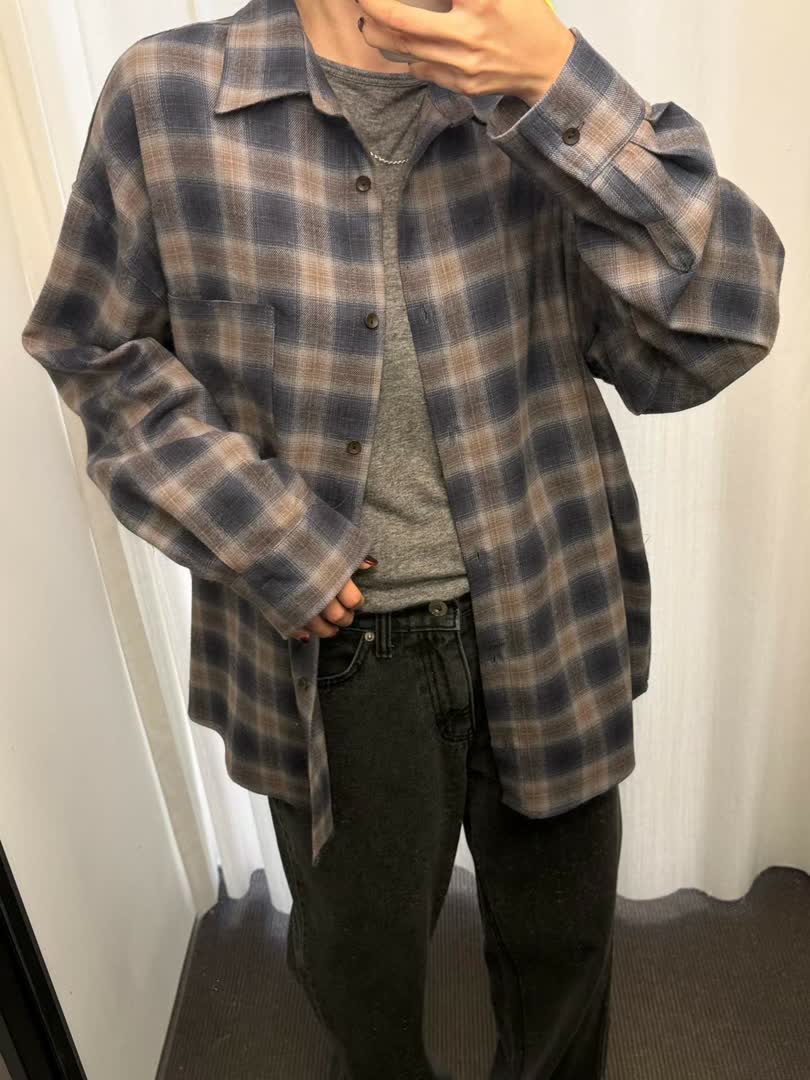 OS家暗調格紋寬版襯衫
