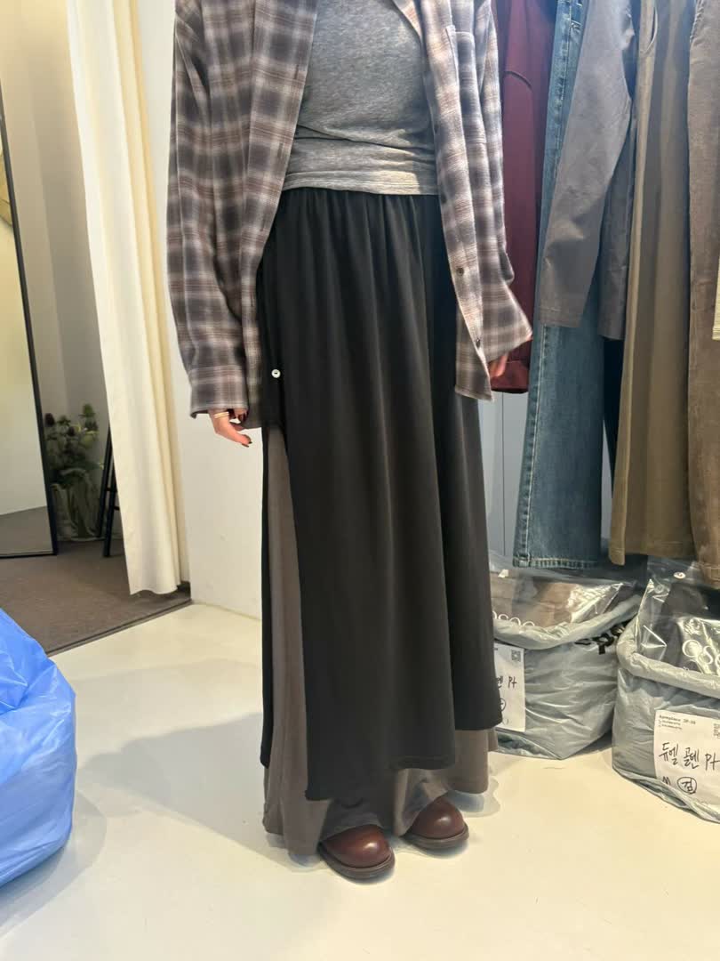 OS家拼色雙層鬆緊半身長裙