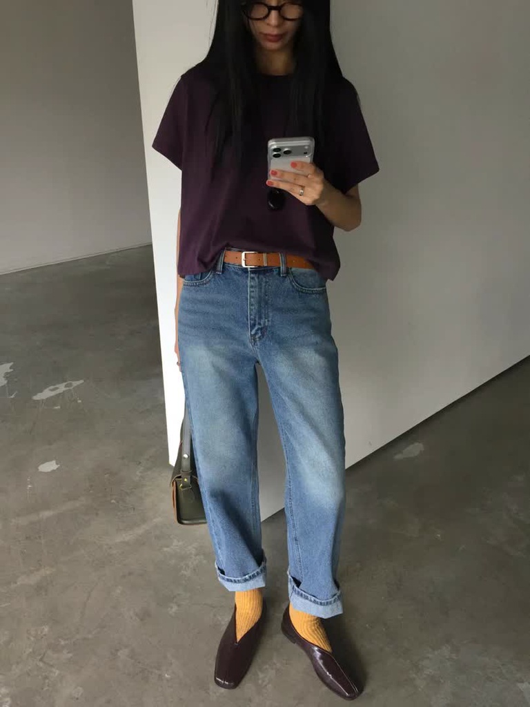 AT家反摺直筒牛仔褲