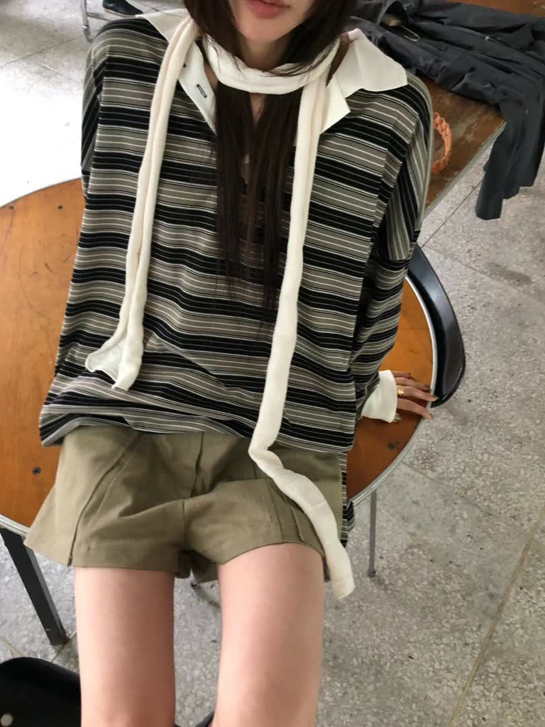 AM家條紋寬版POLO長袖上衣