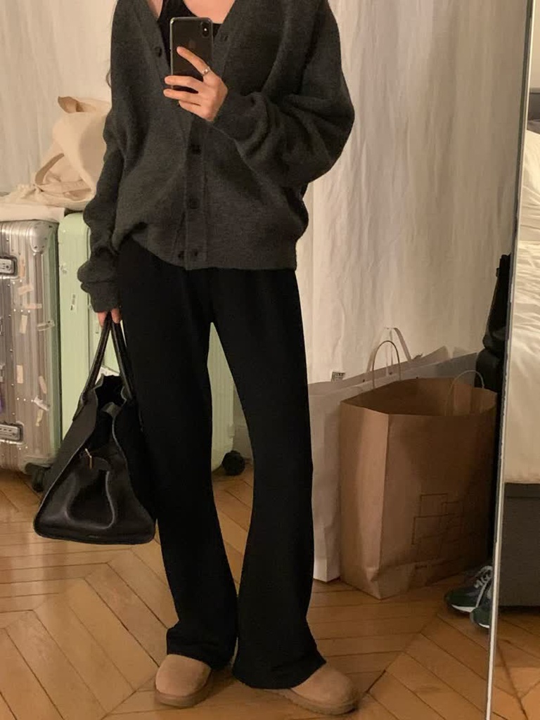 OU家黑色鬆緊喇叭褲