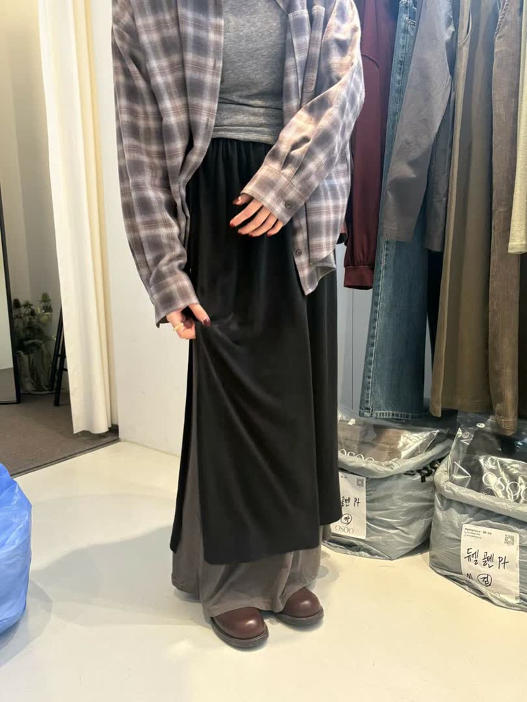 OS家拼色雙層鬆緊半身長裙