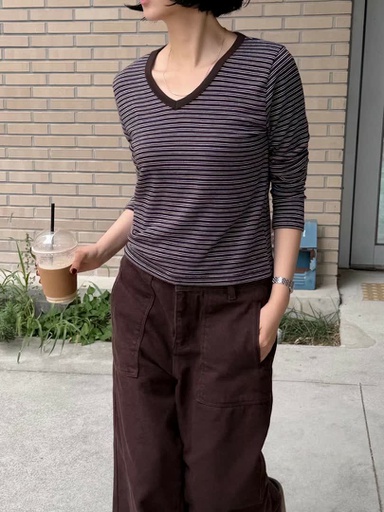 OS家撞色V領條紋針織上衣